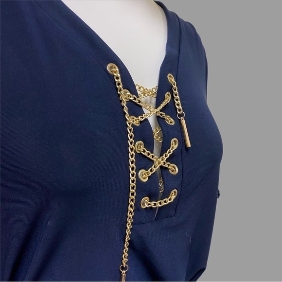 Spense 3/4 sleeve blue gold chain up the front dress - Picture 2 of 11